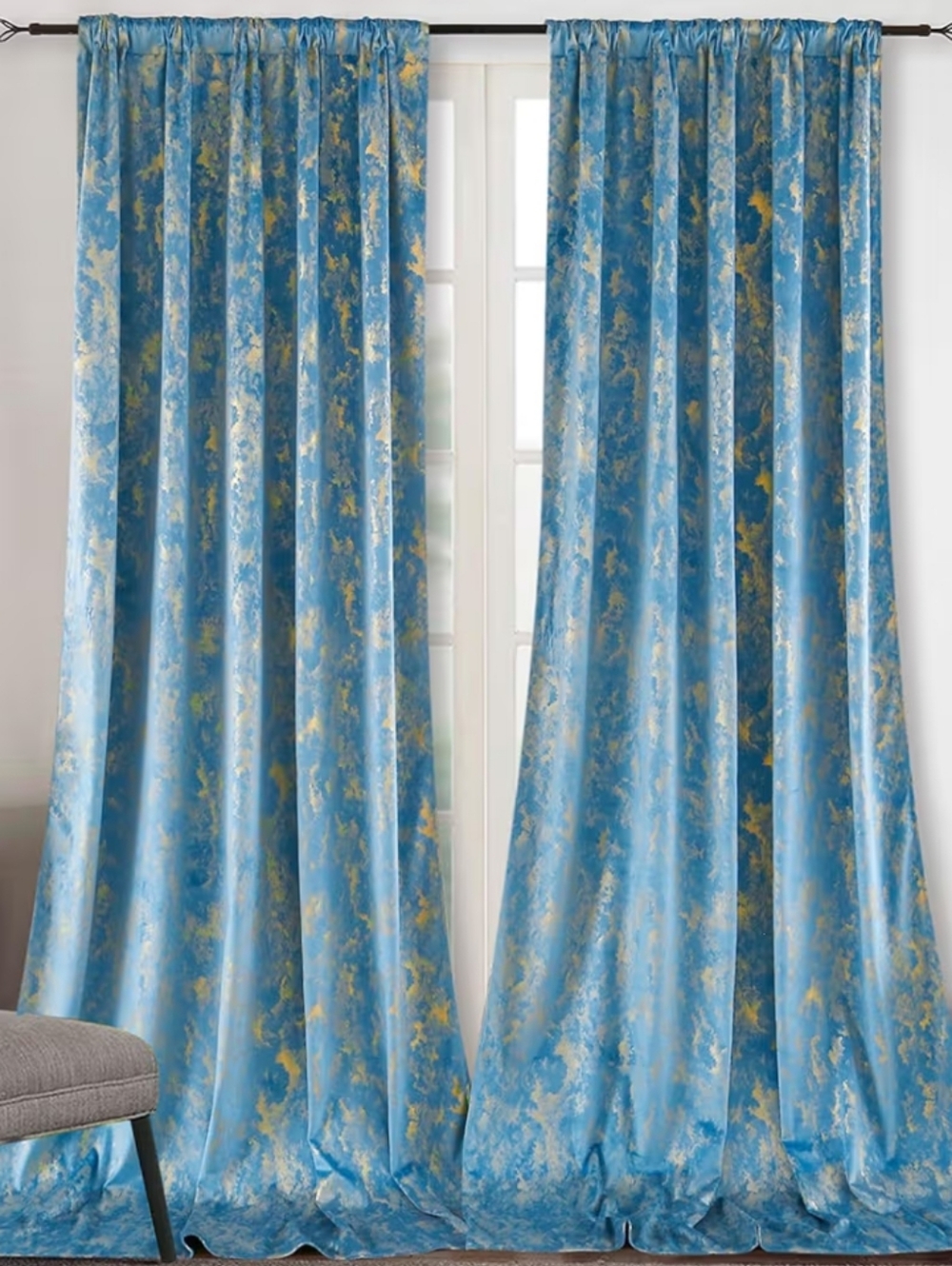Velvet Gold Foil Curtain Panels Blue Set Of 2 52" By 108" Long